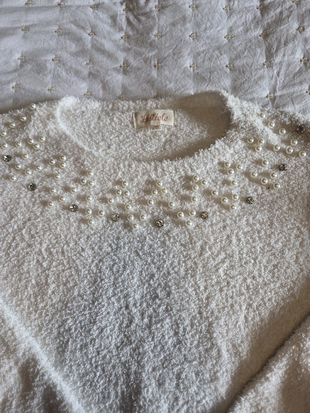 Listicle Ivory Crewneck Sweater with Pearl & Crystal Embellishments - Picture 2 of 7